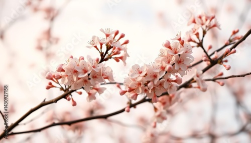 Delicate apricot blossoms on branches against a soft, spring sky, ample copy space,  floral background,  spring design