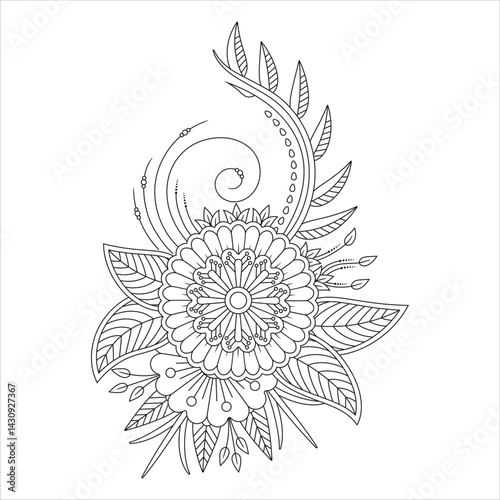 Intricate floral mandala design with leaves and petals in black and white.