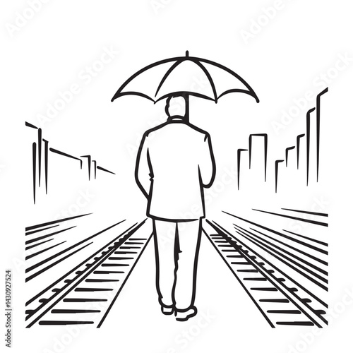 Man Standing with Umbrella Silhouette - Artistic Minimal Art - man umbrella silhouette - man umbrella vector - man umbrella doodle - umbrella illustration - man umbrella line art

