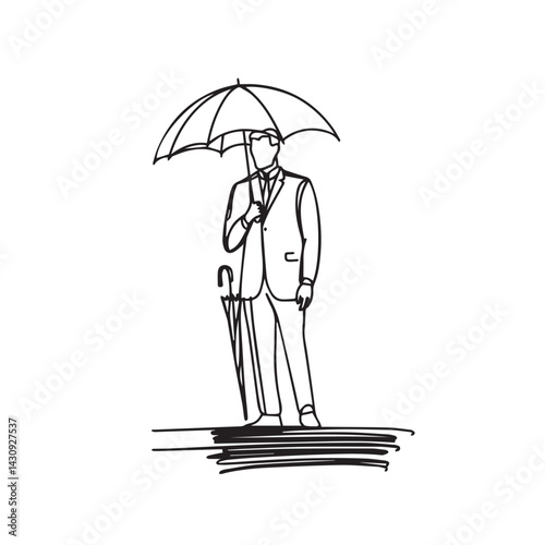 Stylish Gentleman with Umbrella Silhouette - Clean Line Drawing - man umbrella silhouette - man umbrella vector - man umbrella doodle - umbrella illustration - man umbrella line art

