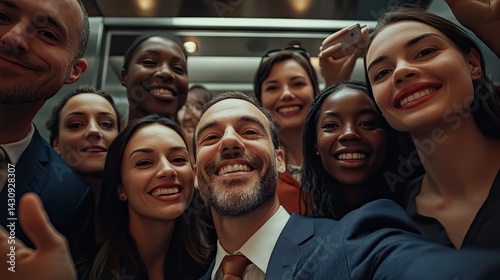 Group photo of a diverse gathering with at least 20 individuals smiling and posing for a selfie