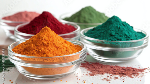 Various colors of powder pigment ingredients layered in transparent glass containers, high-intensity tone coating business