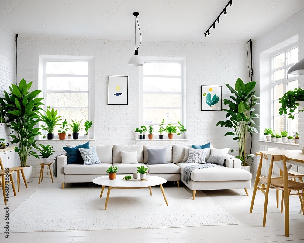 Fototapeta premium Offener Grundriss im modernen skandinavischen Stil mit Küche und Wohnzimmer. Ein heller und freundlicher Raum mit weißen Ziegelwänden, vielen Pflanzen und einem Sofa.
