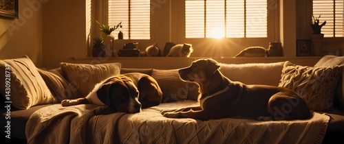 Home interior with diverse pets comfortably resting in warm light on soft cushions and blankets