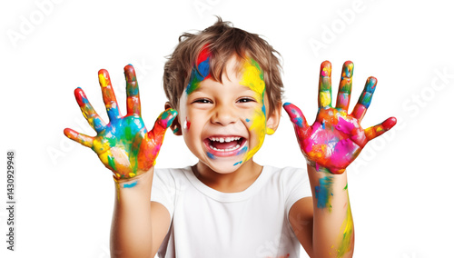 A happy young boy with paint on his face and hands smiling broadly at the camera with a white shirt on png