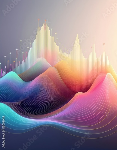 Vibrant waves represent data trends and insights, showcasing creativity in corporate analytics.