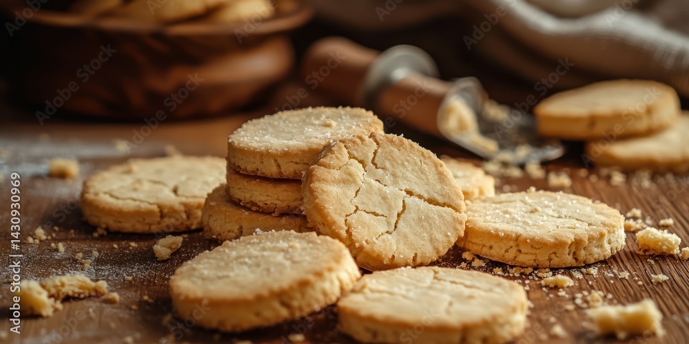 A wooden table featuring a fresh batch of shortbread biscuits, with crumbs scattered around for a homemade feel A wooden table featuring a fresh batch of shortbread biscuits, with crumbs scattered around for a homemade feel