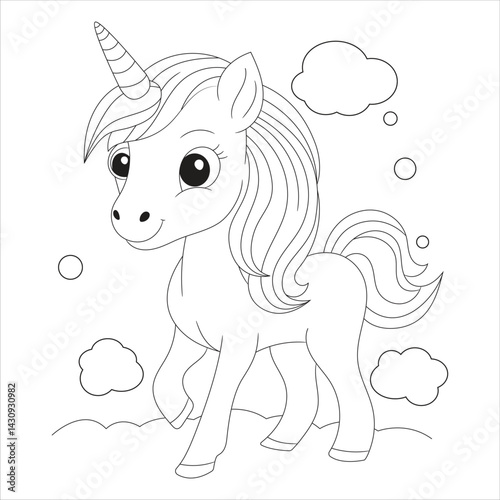 A cute cartoon unicorn with a spiraled horn, large expressive eyes, and flowing mane, surrounded by fluffy clouds and whimsical thought bubbles. Ideal for coloring activities.