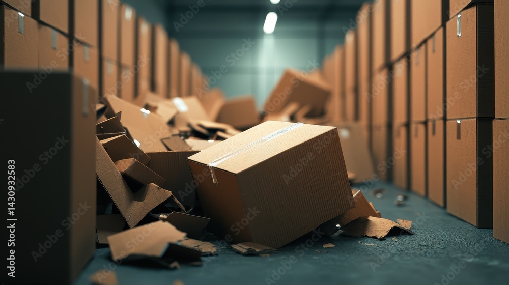 Fototapeta premium Messy Warehouse Scene with Broken Cardboard Boxes in an Industrial Storage Facility