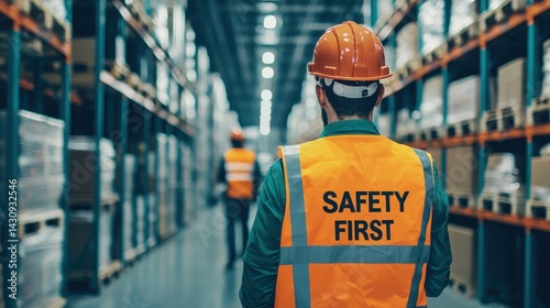 Safety First: Warehouse Worker in Safety Vest and Helmet Observing Storage Area with Pallets and Shelving Units