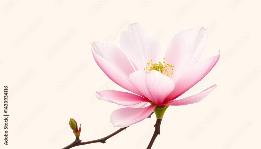 Obraz premium Delicate watercolor magnolia blossom in soft pink and white hues on a beige background, white magnolia, spring illustration