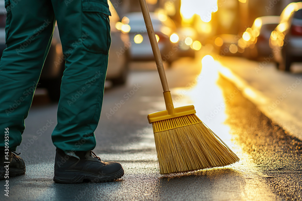 A worker in green clothing sweeps the city street with a blue broom, ensuring cleanliness in the area.