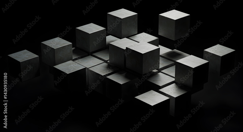 Obraz premium Geometric Arrangement Of Dark Gray Cubes On A Black Background Creates Depth