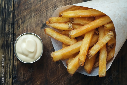 top-down image of Dutch fries (patat) presented in a white paper cone on a rustic wooden surface.