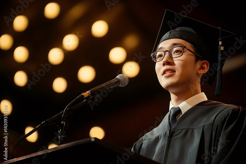 Graduate student giving a speech at graduation ceremony