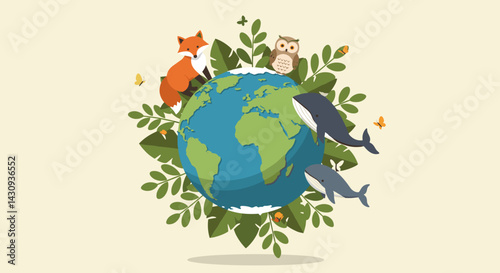 Animals surrounding Earth in a colorful illustration with foliage  
