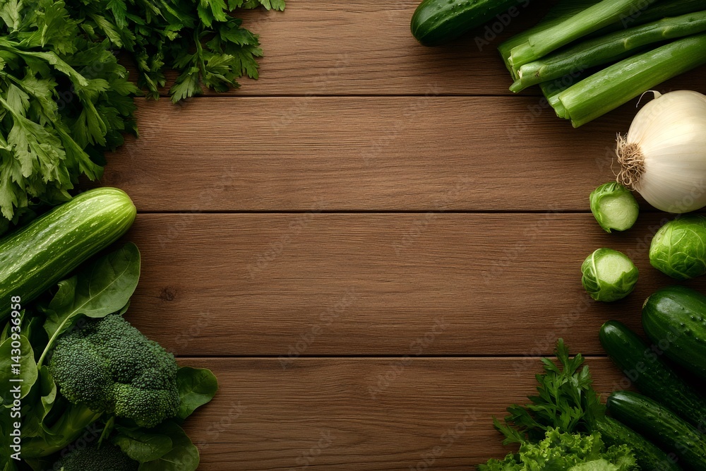 Fresh green vegetables framing wooden tabletop background
