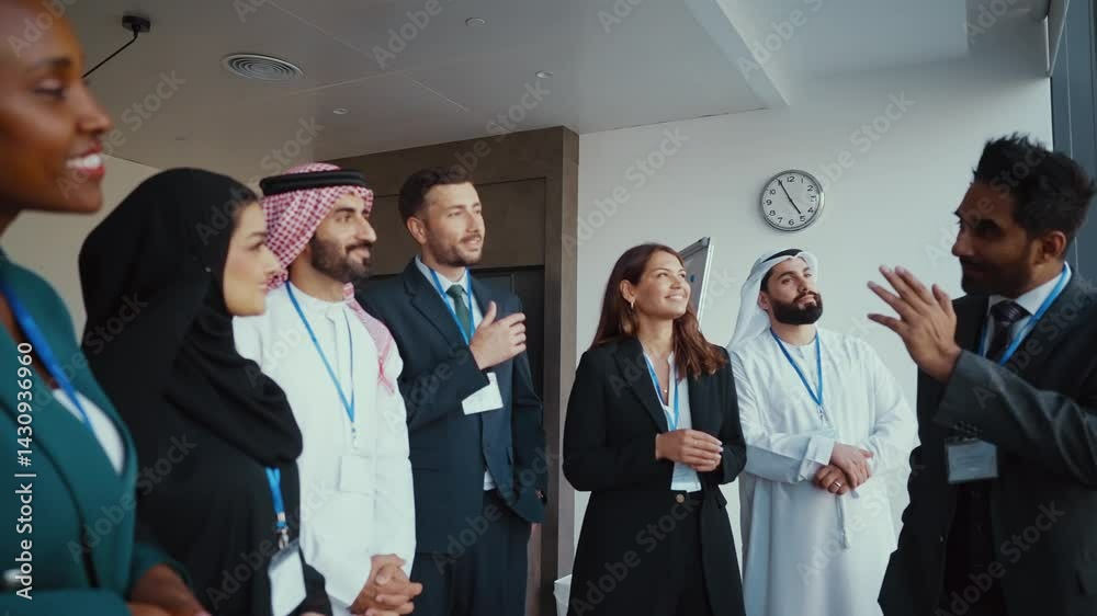 Multicultural businesspeople wearing suits and traditional clothing stand together in a modern office, embodying teamwork and cultural diversity.