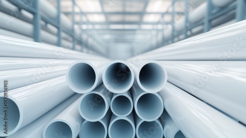 Close-up View of White PVC Pipes Stacked in Warehouse for Construction and Industrial Use