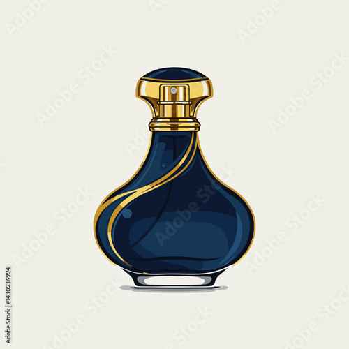 Elegant dark blue perfume bottle with gold accents  