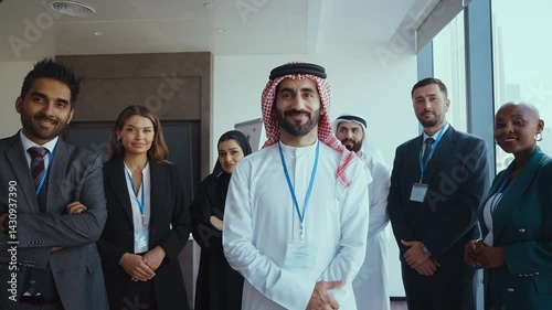 Multicultural businesspeople wearing suits and traditional clothing stand together in a modern office, embodying teamwork and cultural diversity.