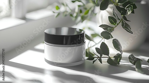 White cosmetic jar on a windowsill with greenery