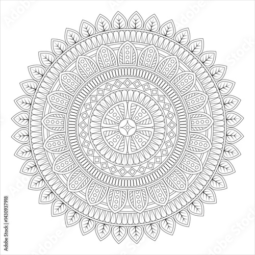 A detailed black and white mandala design featuring intricate patterns, floral elements, and geometric shapes, suitable for coloring or artistic projects.