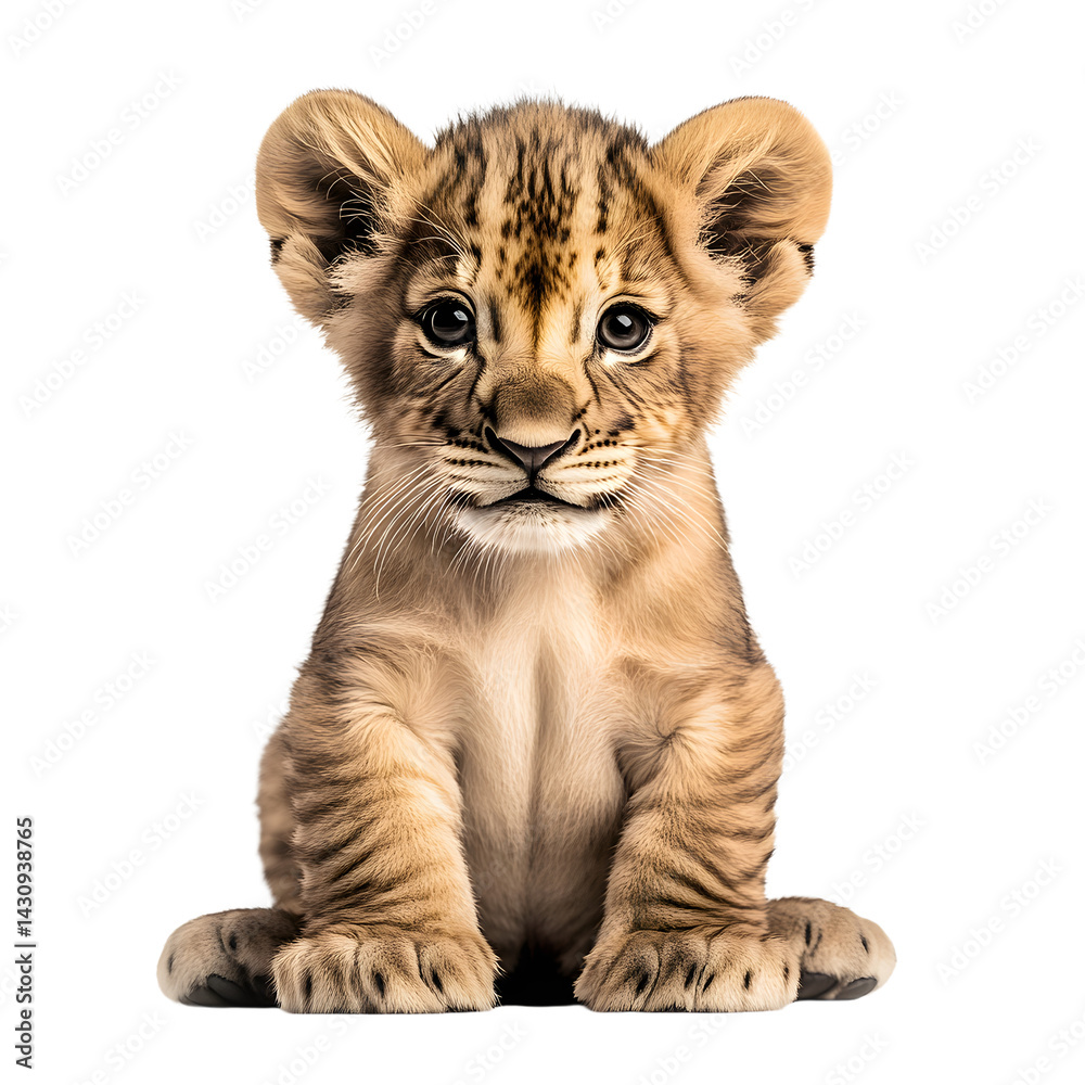 Fototapeta premium Adorable lion cub sitting and looking forward, isolated on transparent background