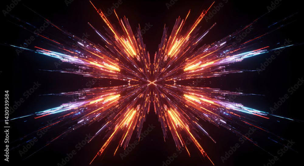 Radiant Burst Symmetric Explosion Of Glowing Light Trails Against Black Void Radiant Burst Symmetric Explosion Of Glowing Light Trails Against Black Void
