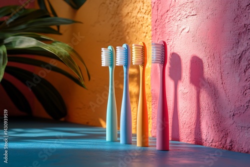 Creative product shoot of colorful tooth brushes a vibrant background