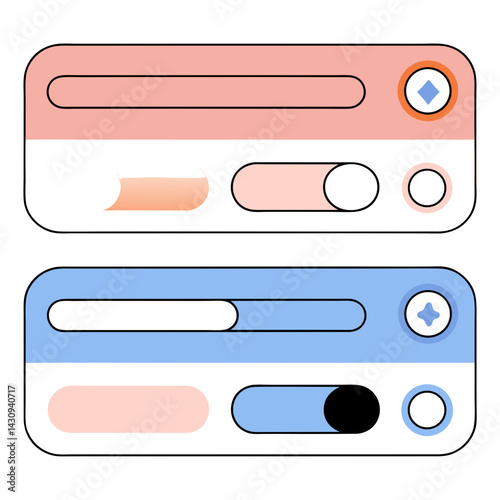 Clean and modern rounded buttons and toggles in soft pastel colors, showcasing user interface design elements, on white background, commercial use