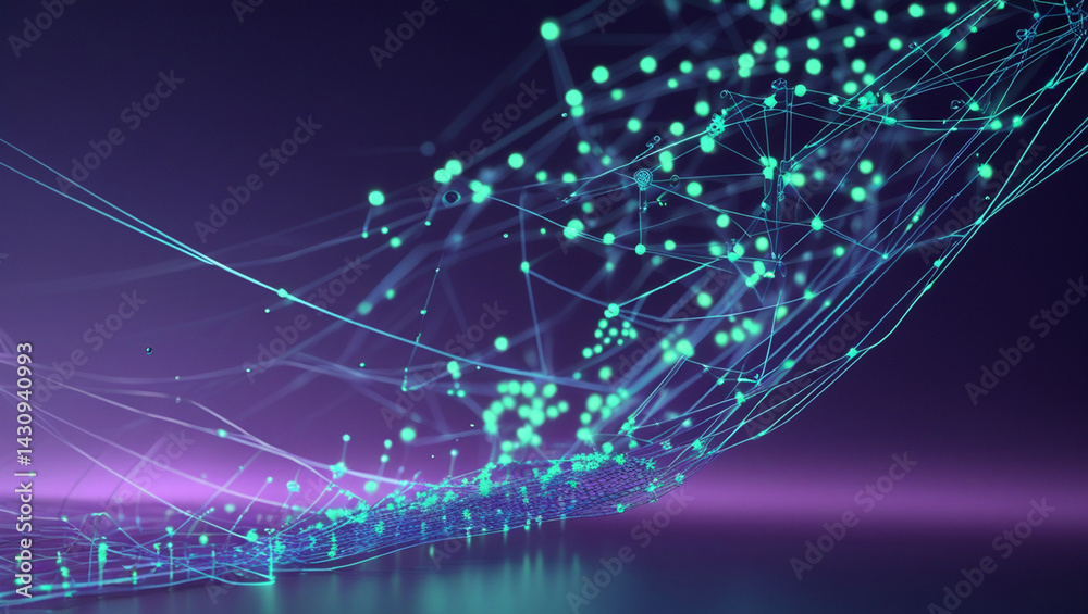 Fototapeta premium Abstract technology network with glowing nodes and lines on gradient background