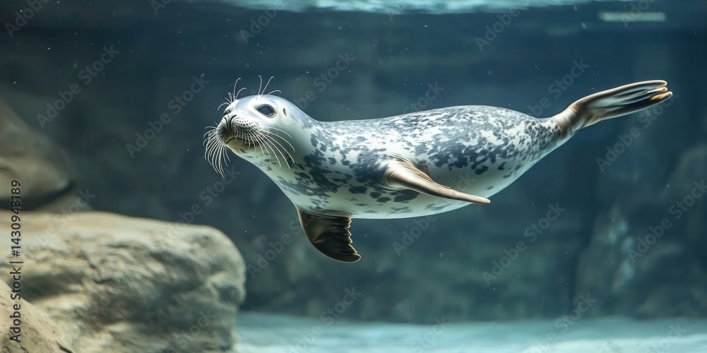 Obraz premium A young harbor seal diving and twisting in the water, enjoying the movement of the tide