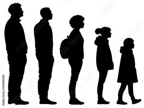 Silhouette of five diverse individuals, showcasing different ages and body types, standing in a row.