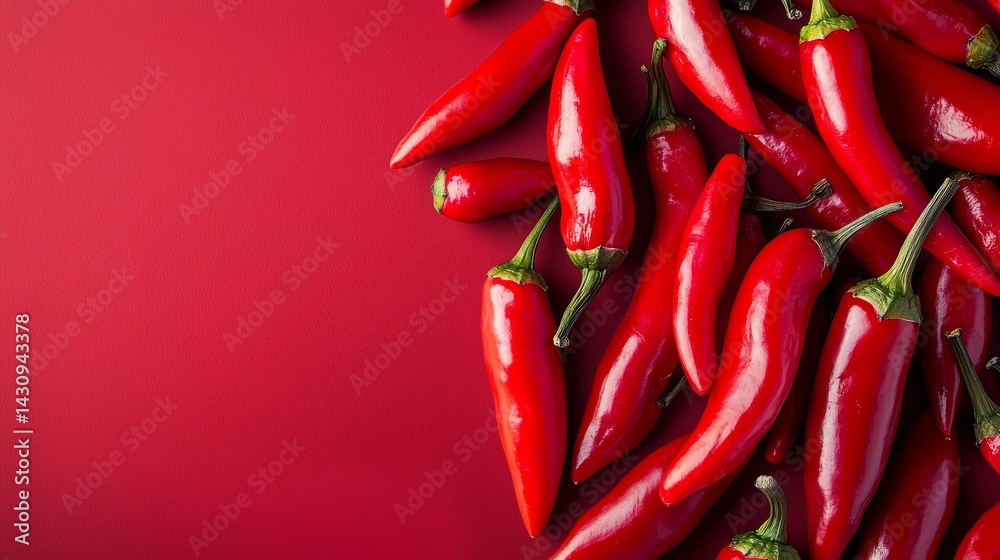 Bright red chili peppers on vibrant red backdrop Bright red chili peppers on vibrant red backdrop