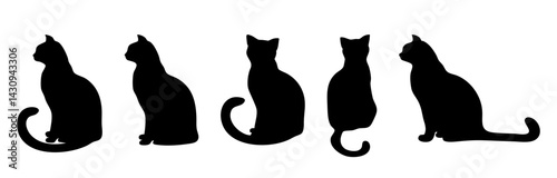 Silhouettes of five distinct cats in various poses, showcasing the elegance and charm of felines.
