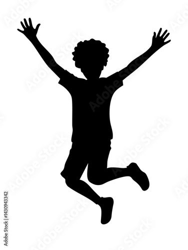 A joyful silhouette of a young Black boy leaping with excitement against a white background.