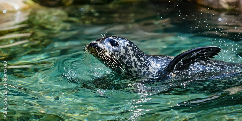 Obraz premium A young harbor seal diving and twisting in the water, enjoying the movement of the tide