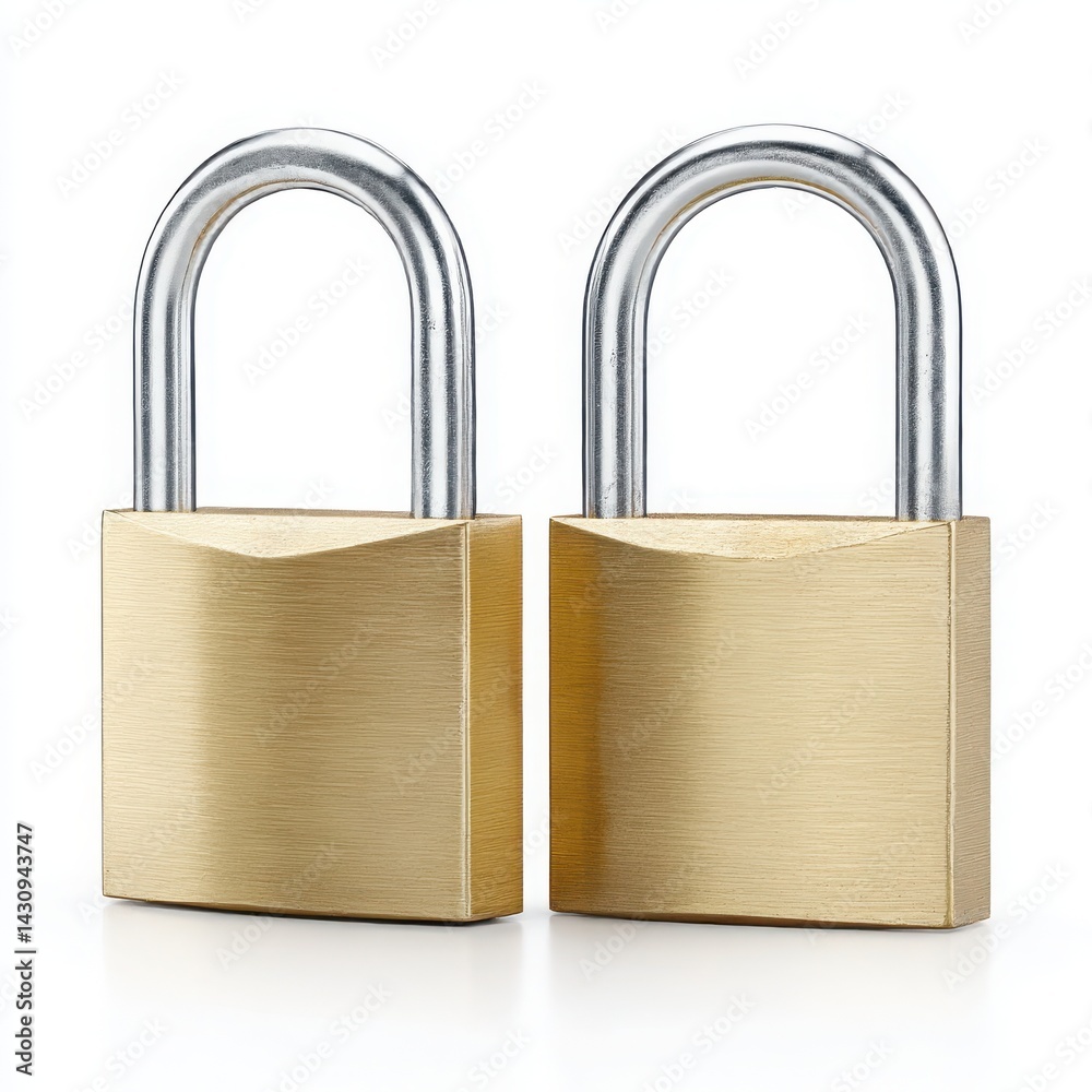 Two golden padlocks close up isolated on white background Two golden padlocks close up isolated on white background