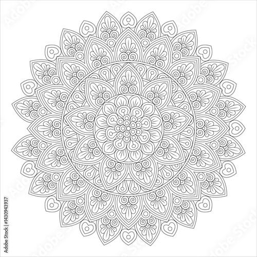 A detailed black and white mandala design featuring intricate floral patterns and symmetrical shapes, suitable for coloring or artistic projects.