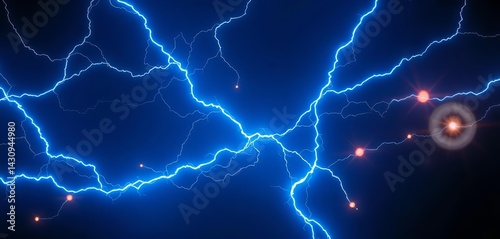 Electric blue lightning streaks across a dark void, glowing orbs pulsate with energy, wallpaper, dramatic