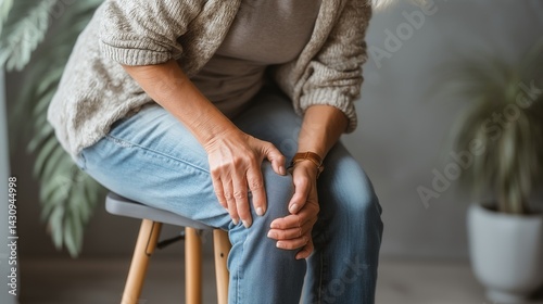Mature woman with knee pain. A middle-aged lady is sitting on the stool and holding her knee joint in pain