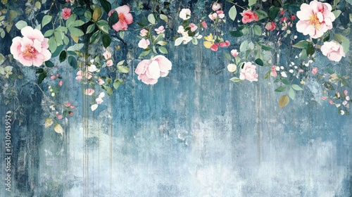 Fototapeta Naklejka Na Ścianę i Meble -  Delicate pink roses cascade over a textured teal background.