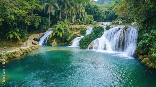 Enchanting turquoise waterfalls flowing through the tropical rainforest