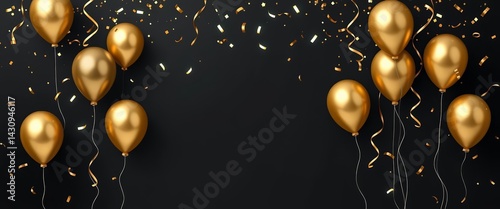 Elegant black background with gold balloons and confetti, perfect for party invitations, background, decor