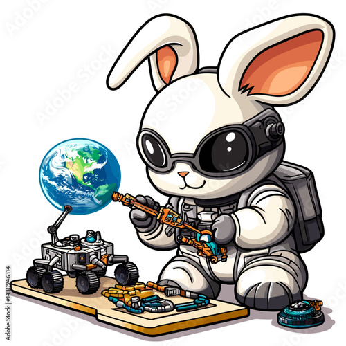 Cartoon vector illustration of a bunny engineer repairing a miniature rover with Earth visible in the distance on white background.

