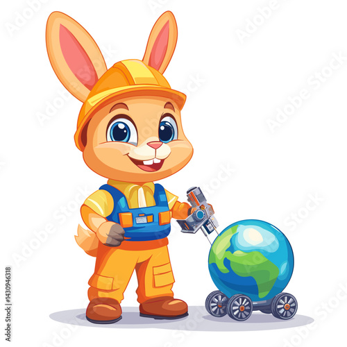 Cartoon vector illustration of a bunny engineer repairing a miniature rover with Earth visible in the distance on white background.
