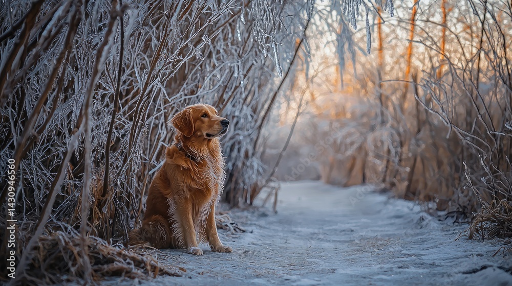 Golden retriever seated on a snowy path amidst frosted winter foliage. Golden retriever seated on a snowy path amidst frosted winter foliage.