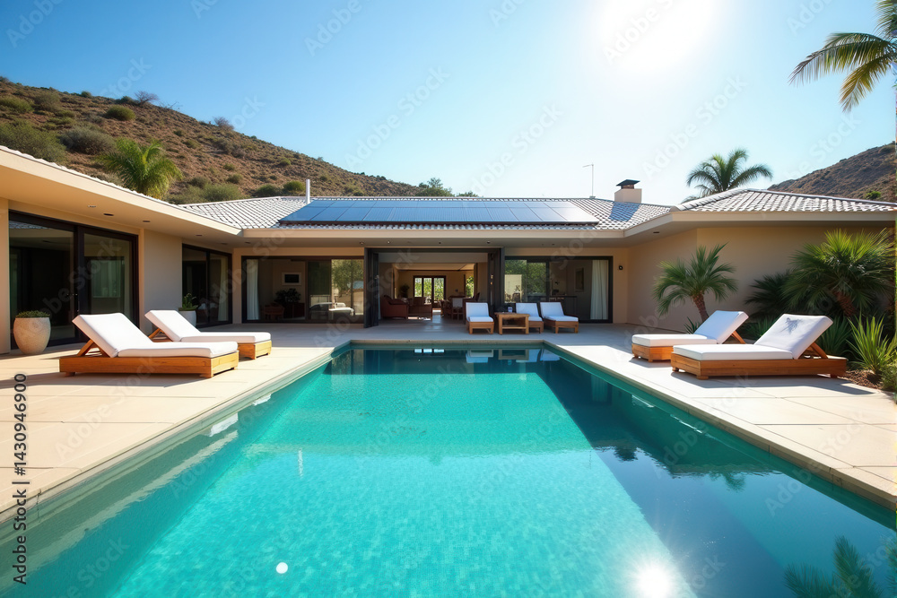 Fototapeta premium Modern Solar Homes in Spring and Summer Landscapes ,Eco-Friendly Living and Renewable Energy Concepts.