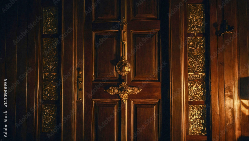 Golden light streaming through an open door against a dark wood backdrop. Golden light streaming through an open door against a dark wood backdrop.